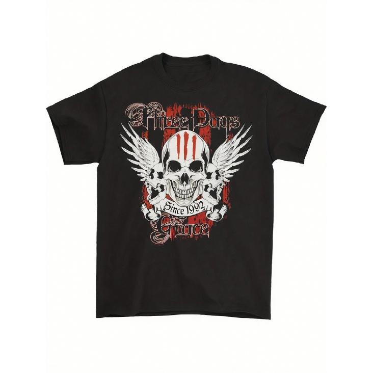 Three Days Grace Official Band Merch Since 1992 Tour T-Shirt for Men | Heavyweight Black Tee with Skull & Wings Graphic White Band Logo Print, Casual S чёрный