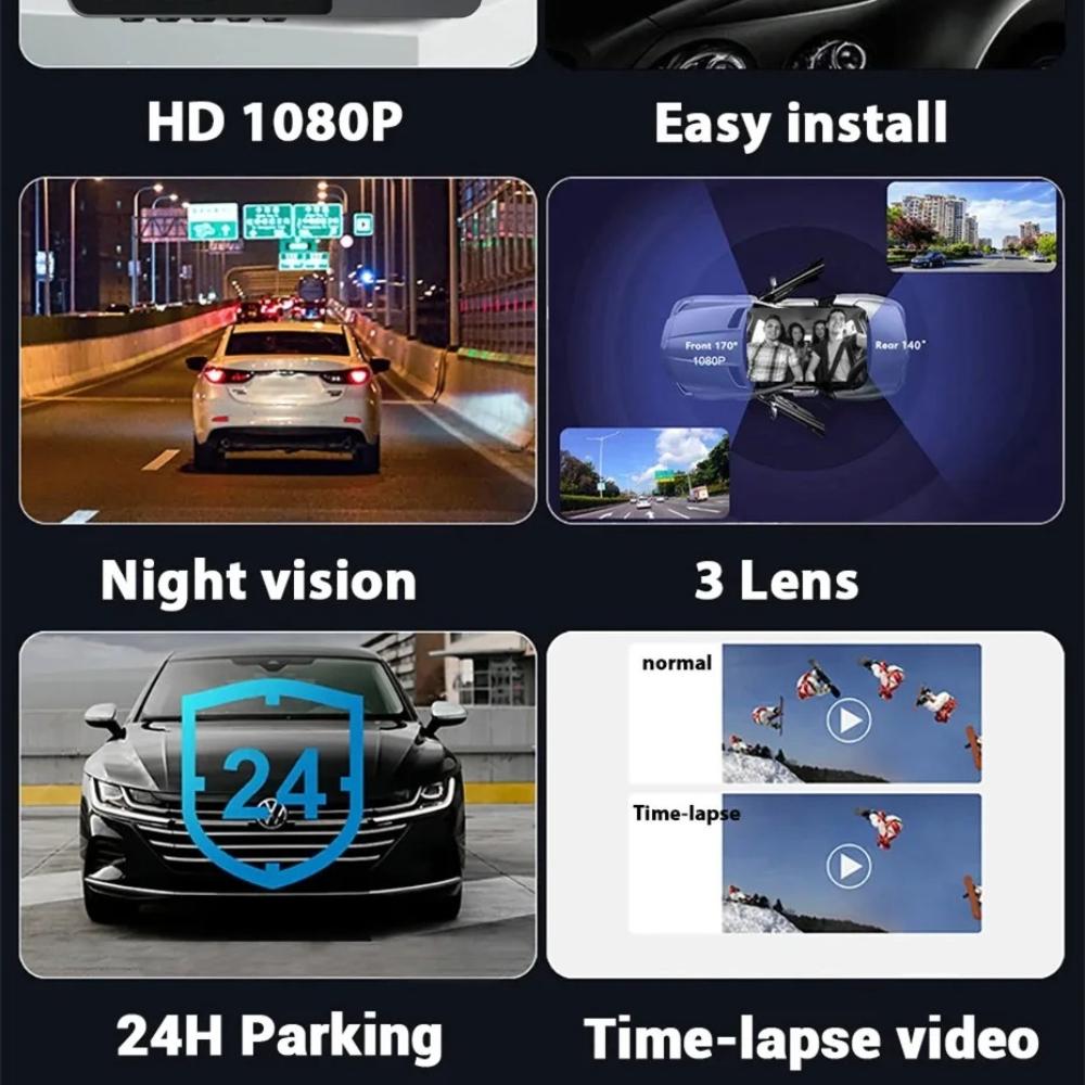 New 1080P HD Night Vision Car Driving Recorder 3-Channel Camera Video Recorder DVR Black Box Dual Lens with Rearview Camera HD Reversing Image