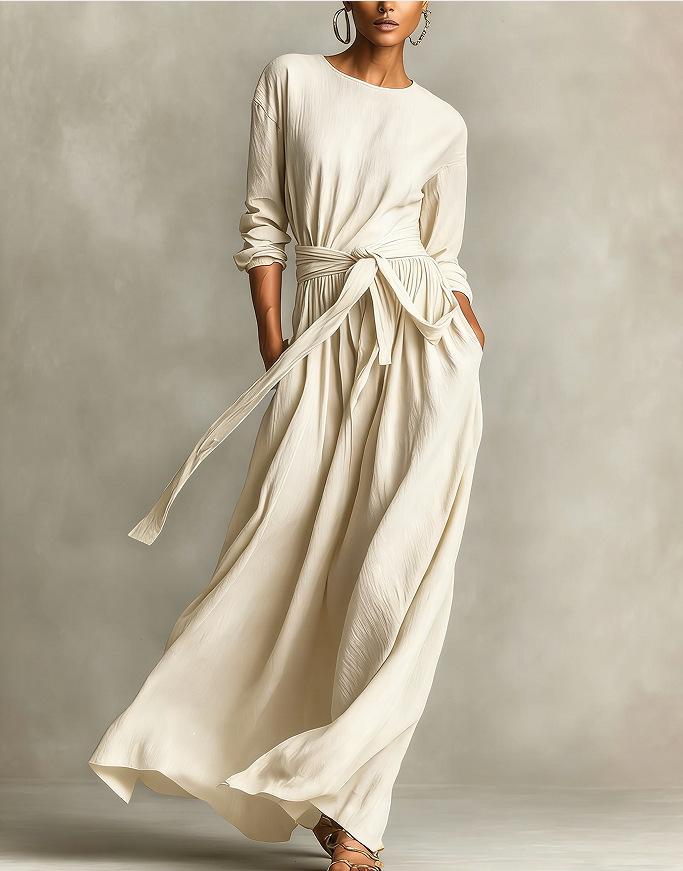 

Elegant Brown Woven Round Neck Dress - Women s Long-Sleeved Spring & Autumn 2026 1XL off білий колір
