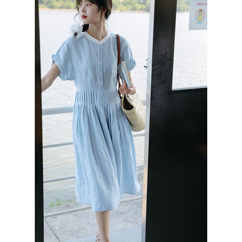 

Летнее платье для литературной девушки с круглым вырезом, плиссированной талией и короткими рукавами, длинное платье L светло-синий