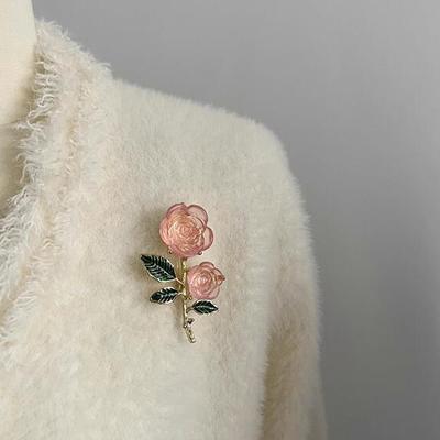Vintage Roos Bloem Broche Voor Vrouwen Groene Bladeren Ijskristal Roze Bloem Corsage Spelden Elegante Kleding Sieraden Accessoires Cadeau