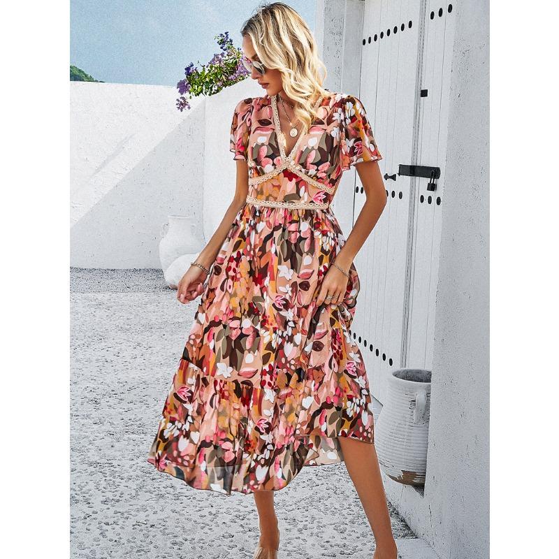 Women's Dresses Summer Foreign Trade Leisure Holiday Printed High-waisted Dresses