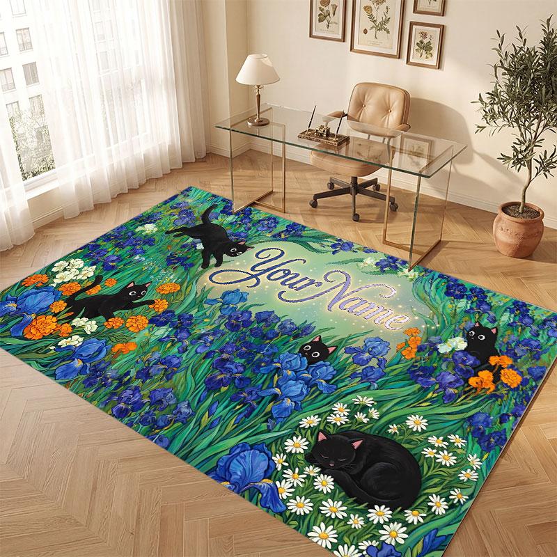 Cat Theme Crystal Velvet Floor Rug Personalized Custom Name Text Warm Carpet Home Decoration