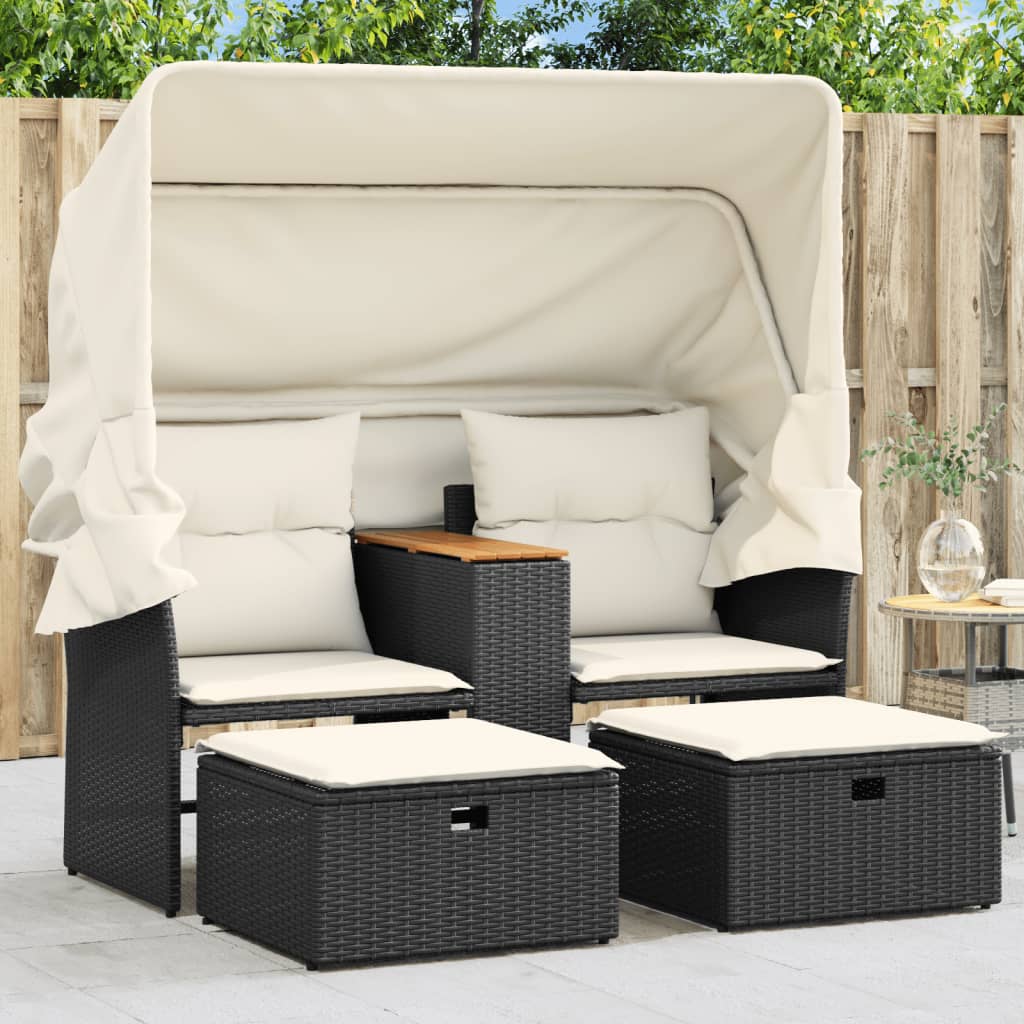 2 Seater Garden Sofa with Canopy and Footstools Black Poly Rattan
