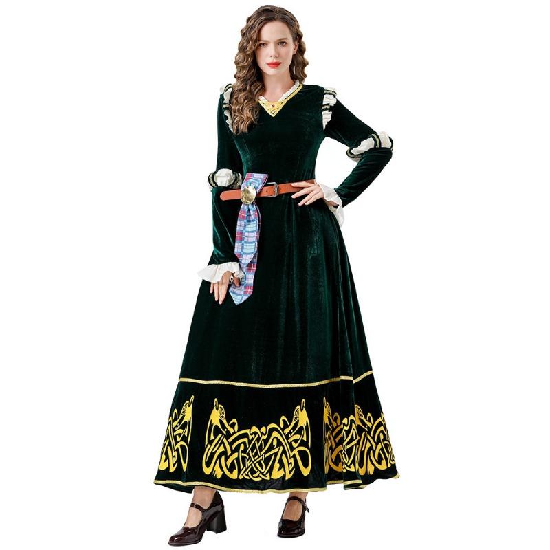 Halloween Costume Medieval Court Style, Retro Dark Green Dress Brave Legend Merida CO Cosplay