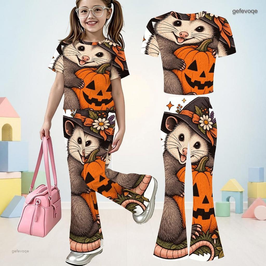 Girls Round Neck Short Sleeve Sloth Printed Top And Flared Pants Two Piece Set