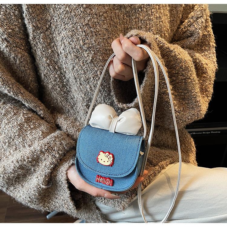 Cute Cat Bow Knot Denim Mini Wallet Fashionable Cartoon Crossbody Purse for Women KTB