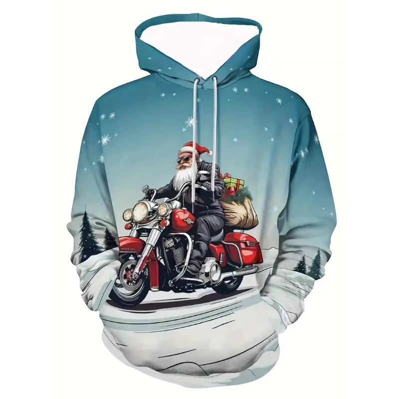 Men'S Santa Claus Motorcycle Hoodie Full Print Christmas Pullover Sweatshirt With Santa Riding Motorcycle Men's Sweatshirt
