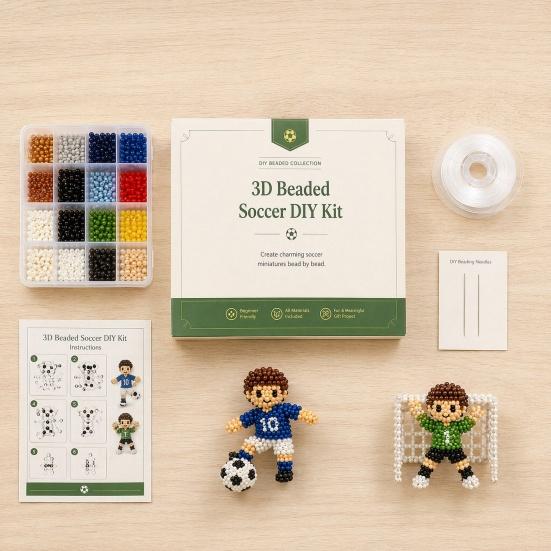 Beaded Football Player DIY Kit, 3D Tiny Beaded Figure Craft Kit, Cute Mini Soccer Player Bead Craft Set for Beginners Teens Adults