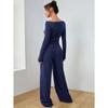 VEZFAA Women's Fashion Casual Spring Autumn Solid Color Print Long Sleeve O-Neck Trousers Pants Suits