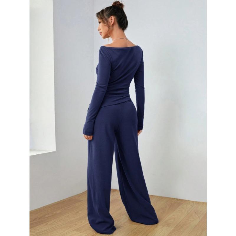 VEZFAA Women's Fashion Casual Spring Autumn Solid Color Print Long Sleeve O-Neck Trousers Pants Suits