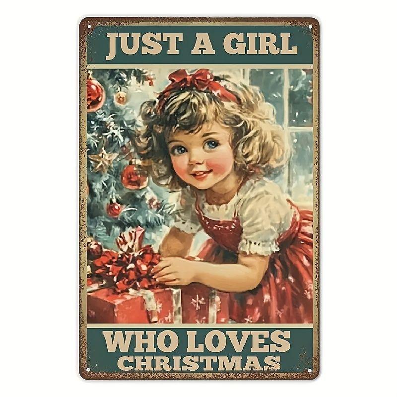 Weihnachts-Blechschild 2D Flache Wanddeko Metallplatte Hängendes Ornament Mädchen