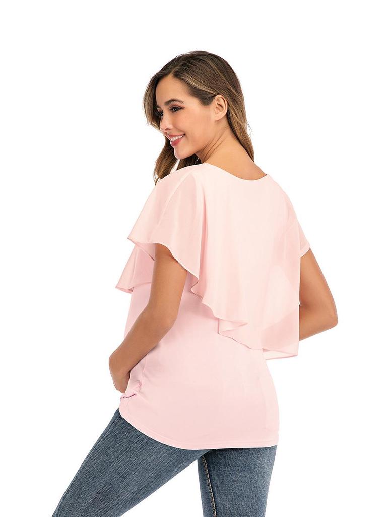 2023 Women's Chiffon Patchwork Maternity Nursing Top, Summer Short Sleeve