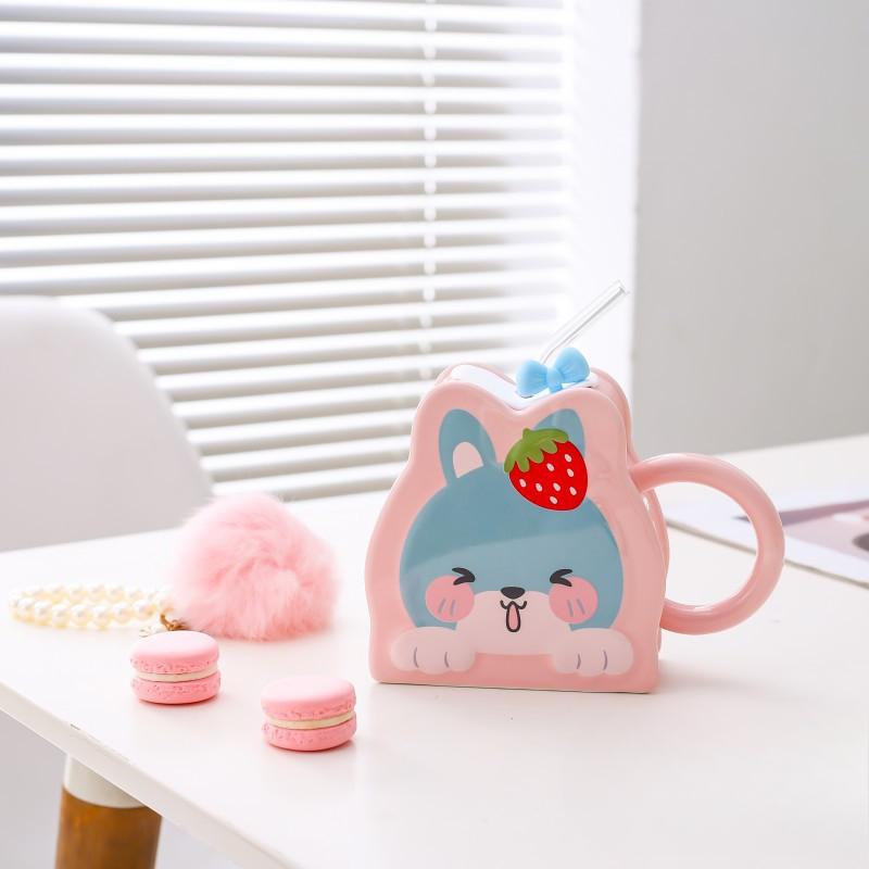 Creatieve Keramische Beker met Rietje Cartoon Schattige Konijn Mok Roze Meisjeshart Grote Capaciteit Koppelsbeker Waterbeker 600ml white