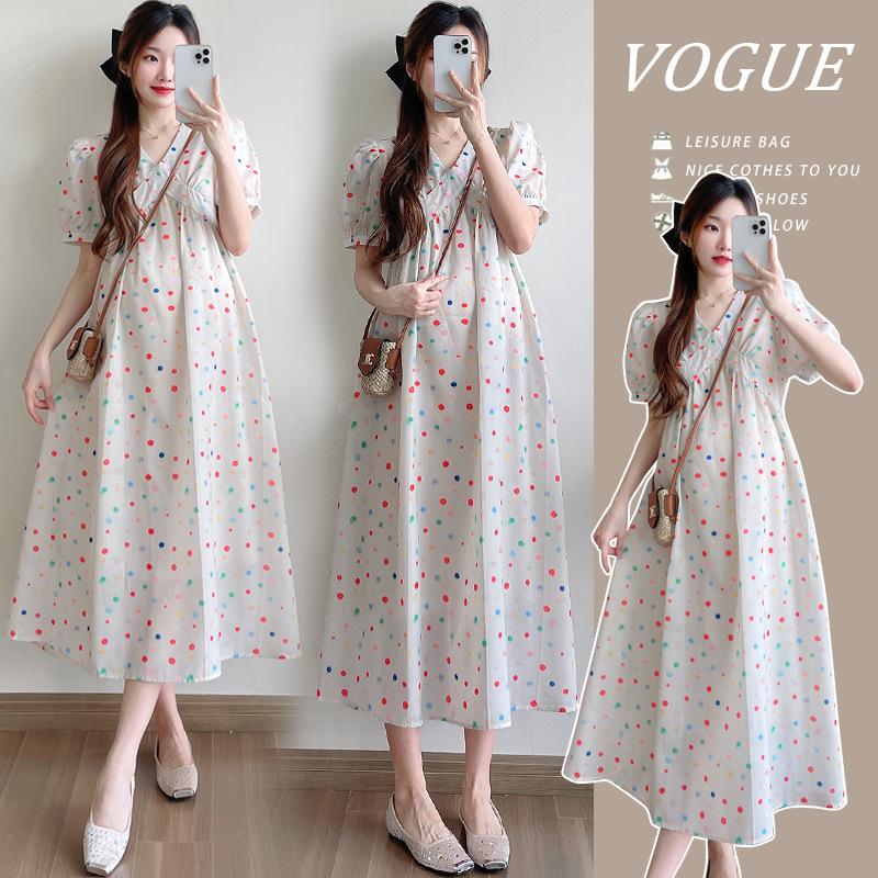 Elegant 2026 Summer Polka Dot Maternity Dress, V-Neck, Short Sleeve, Plus Size XL