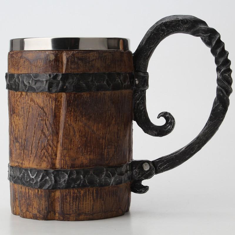 Large Capacity Imitation Wooden Beer Mug 304 Stainless Steel Insulated Cup With Handle Home Party