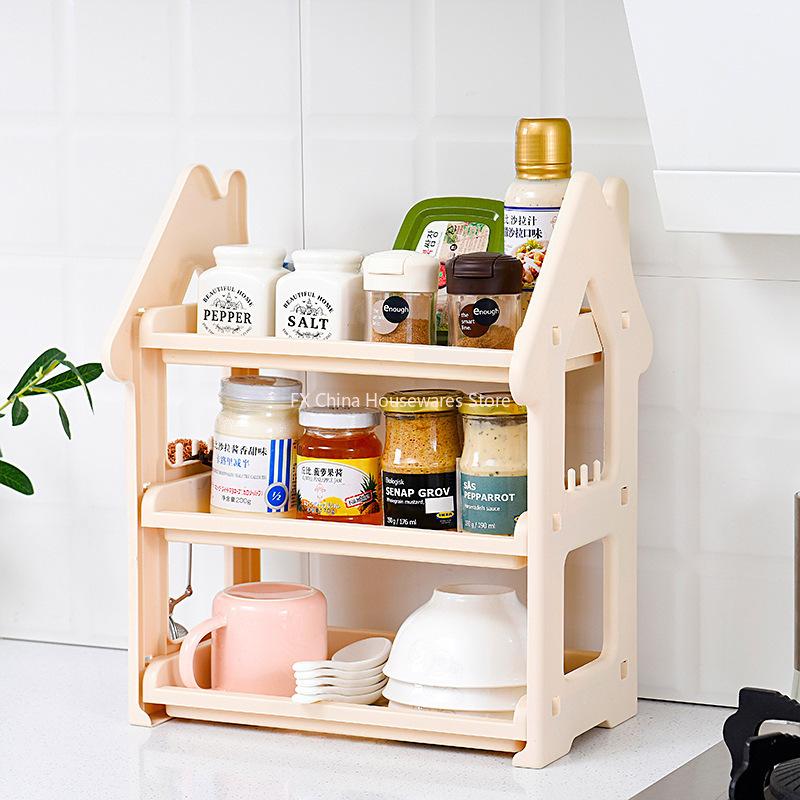 Small House Style 2/3 Layer Kitchen Spice Rack Organizer Plastic Condiment Bottle Shelf for Counter/Bathroom/Desktop