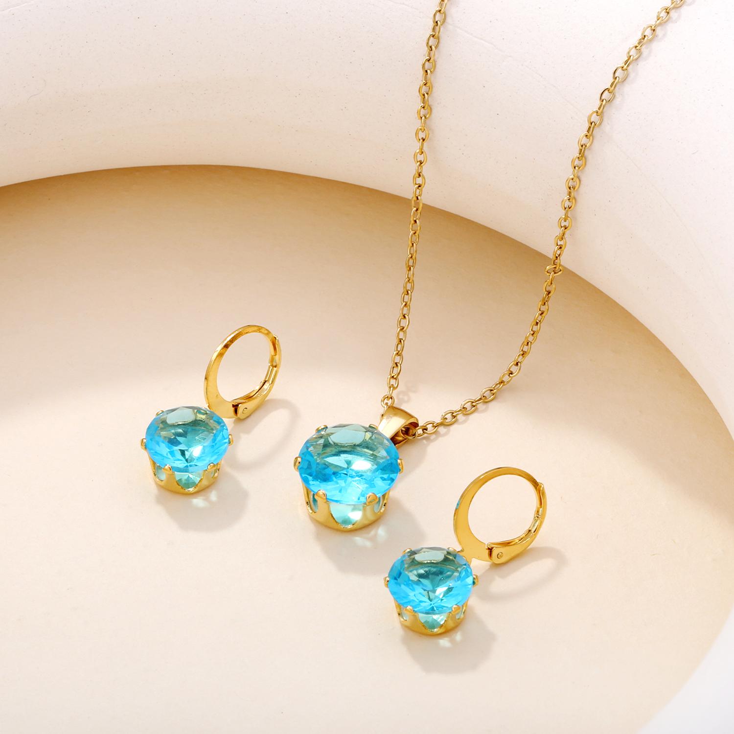 

Retro Luxury Lake Blue Color Shiny Cubic Zirconia Jewelry Set Fashion Bridal Wedding Necklace Earrings Drop Accessories Gifts