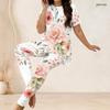 Women Plus Size Two Piece Set Round Neck Short Sleeve Floral Printed Longline Top Fitted Pants Light Green