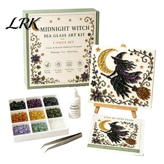 Easy Craft Kit for Beginners Halloween Sea Glass Art DIY Kit, Ghost Black Cat Owl Raven Pumpkin Creative Journey Gift Set Mosaic Set, Beginner