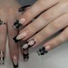 24Pcs Long Coffin French False Nails With Glue Bow And Diamond Decor Black Ballerina Press On Acrylic Nail Tips