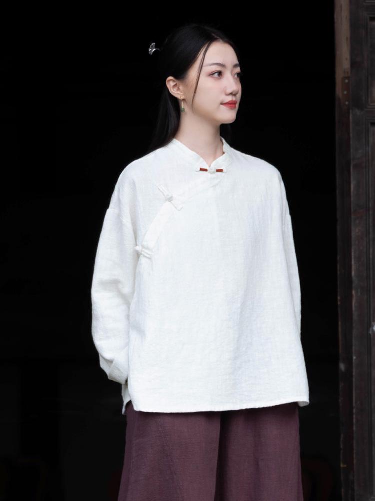 Spring Cotton Linen Women's Retro Handmade Wrapped Button Zen Tea Shirt
