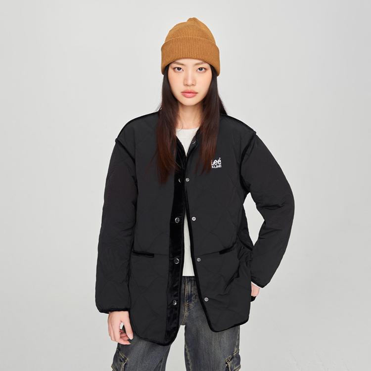 Lee Comfortable Round Neck Velvet Trim Down Jacket Women Outerwear Black LWT008952205146K11000