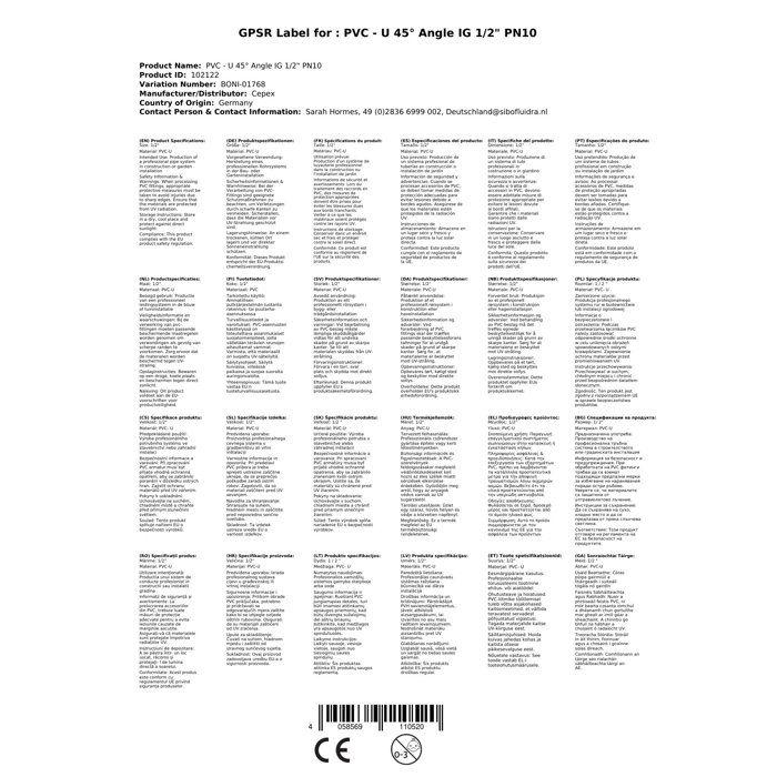 Coude PVC 45° Fileté 1/2 Pouce PN10