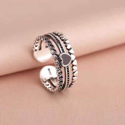 Bague d'index ouverte multicouche en epoxy creusé rétro avec zircon en forme de cœur - Design de niche pour femme - Bijoux haut de gamme de luxe léger