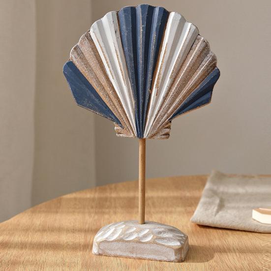 Summer Wooden Shell Ornament with Base Handmade Coastal Seashell Shape Figurine Beach Ocean Tabletop Centerpiece for Living Room Bathroom