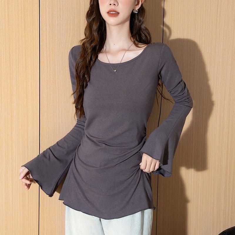 Spicy Girl Plus Size Waist-Cinched Bell Sleeve Women's Slimming U-Neck Long Sleeve Top for Spring, Autumn, Winter.