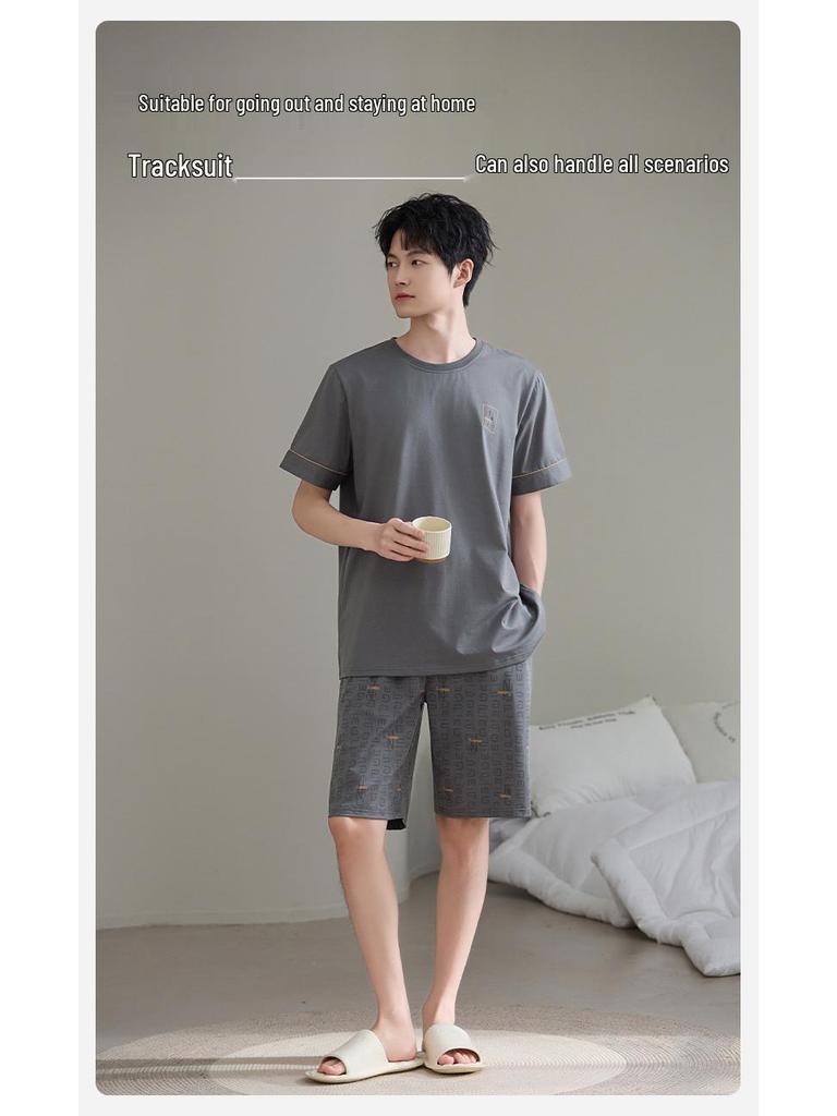 7A Antibacterial Plus Size Cotton Pajamas for Men - Short Sleeve & Shorts, Cooling, Round Neck, Summer Outerwear/Loungewear