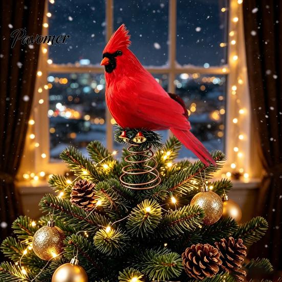 Bird Ornament for Holiday Tree 12 Inch Red Christmas Topper, Artificial Feathered Winter Forest Party Decor with Metal Spring Base, Wedding