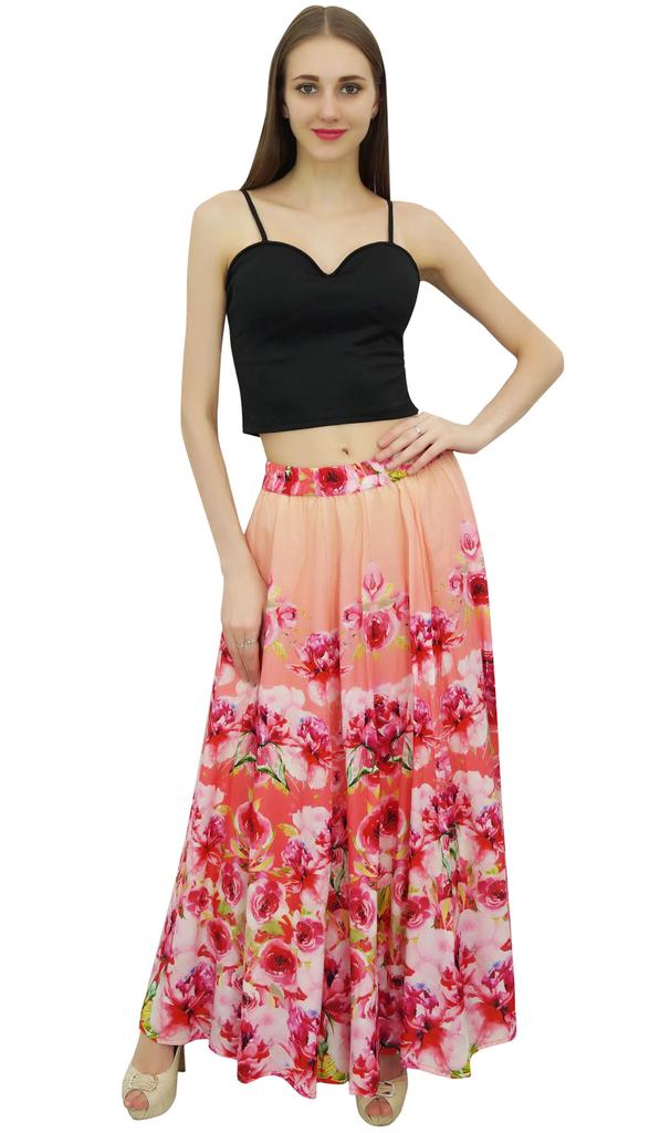 Bimba Women's Peach Floral Printed Cotton Elastic Waist Designer Skirt-L