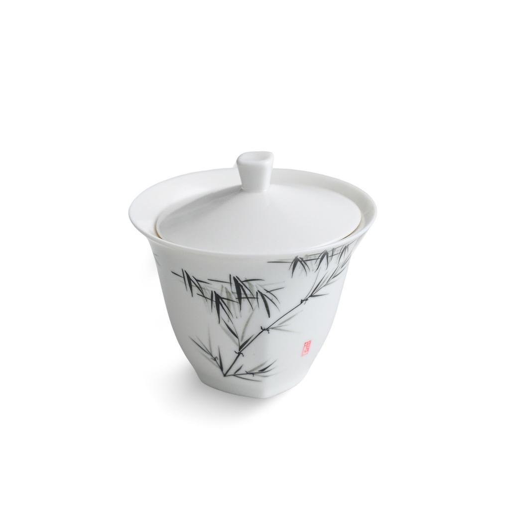 White Porcelain Cover Bowl, Single Large, High-End Tea, Ercai Cover Bowl, Hand-Painted Ink Bamboo Text Kung Fu Tea Cup, Hand-Grasping Bowl