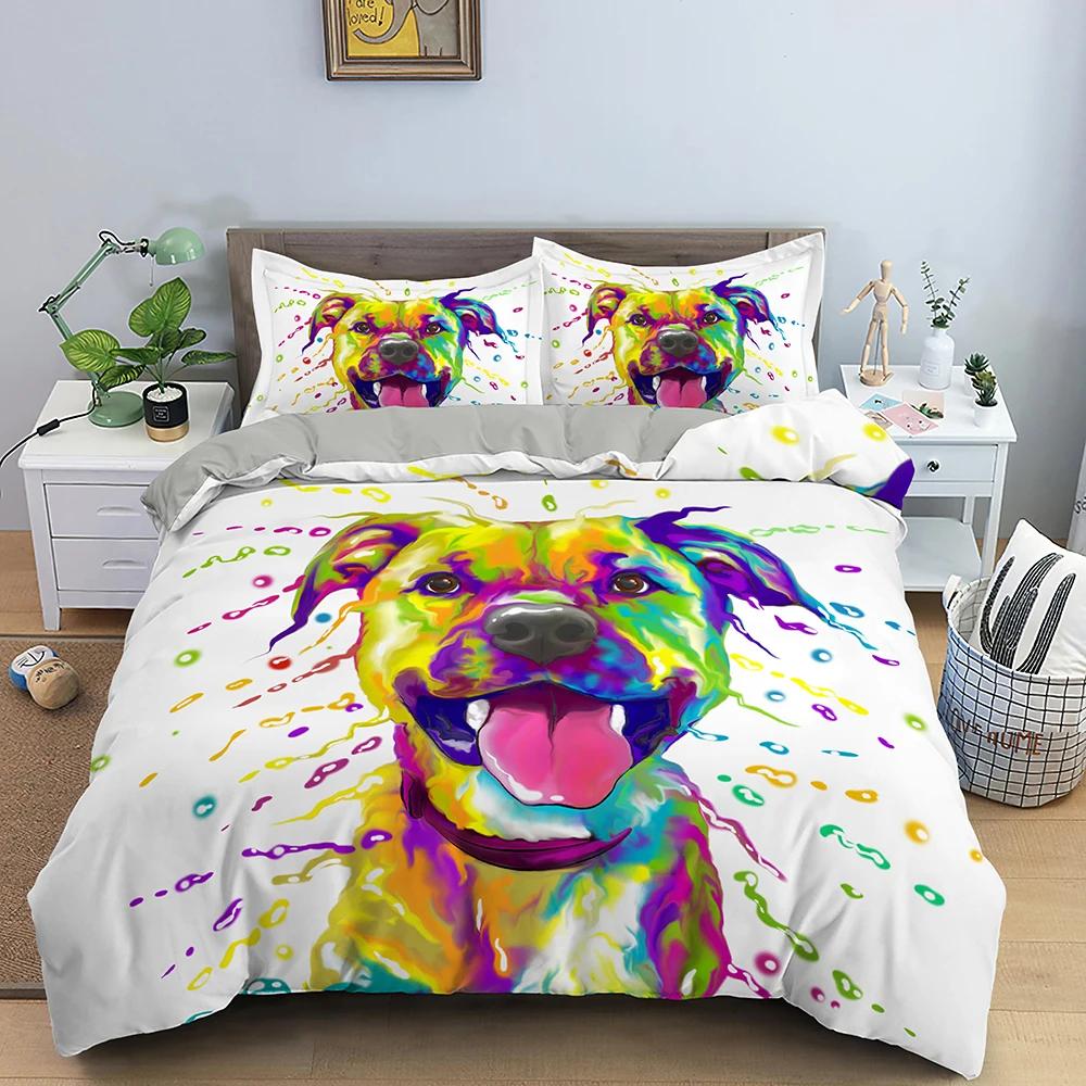 Watercolor Dog Bedding Set Cute Happy Colorful Puppy Duvet Cover Cartoon Bedding Decoration Queen for Women Children Girls Gift