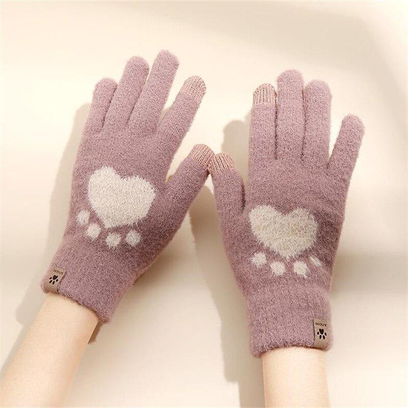 Guanti alla Moda con Stampa Zampa di Gatto Guanti Lavorati a Maglia Touchscreen per Cellulare Inverno Caldi Spessi Morbidi Soffici per Donna