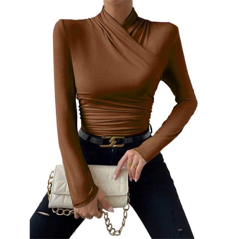 Women's Solid-Color Cross-Neck Slim-Fit Versatile Pleated T-Shirt