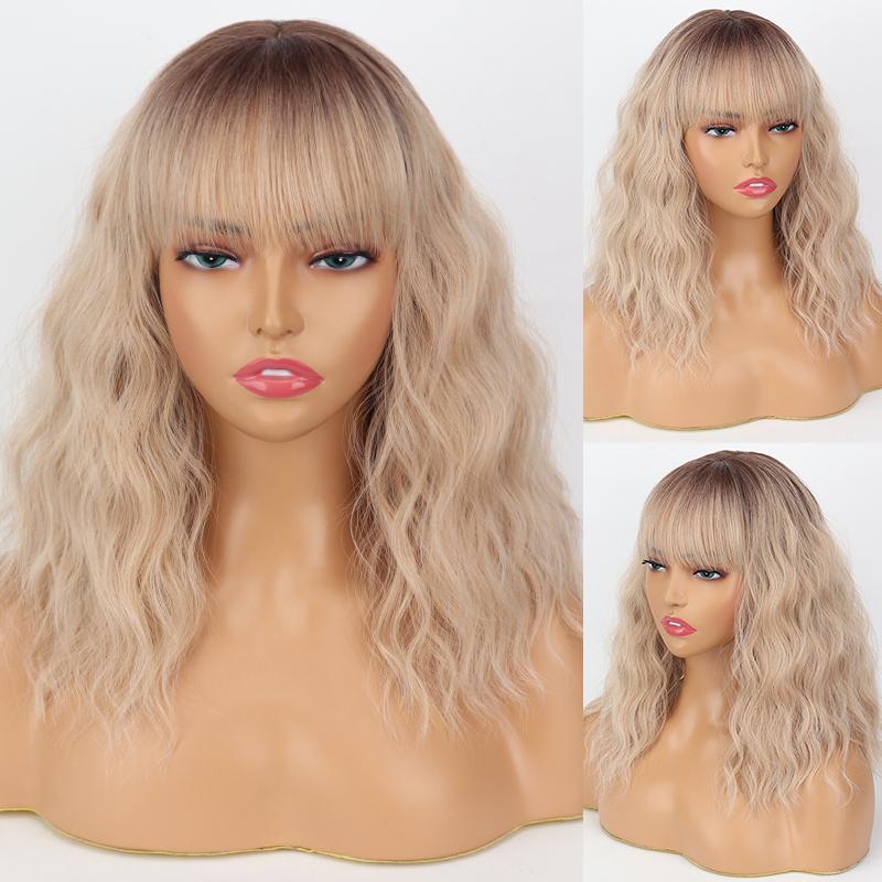 XINRAN Dark Purple Women Fashion Shoulder Length Wavy Bob Wig with Bangs Synthetic Fiber Daily Wear Cosplay Short Wavy Wig