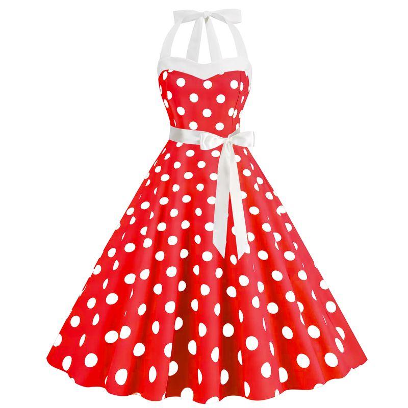 

Retro Hepburn Style Age Sense Halter Slim Fit Barbie Pink Plaid Polka Dot Swing Sleeveless Dance Dress Morning Gowns Red M
