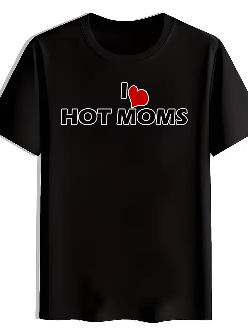 Men S Casual Round-Neck T-Shirt with a Heart-Shaped Print Featuring HOT MOMS L