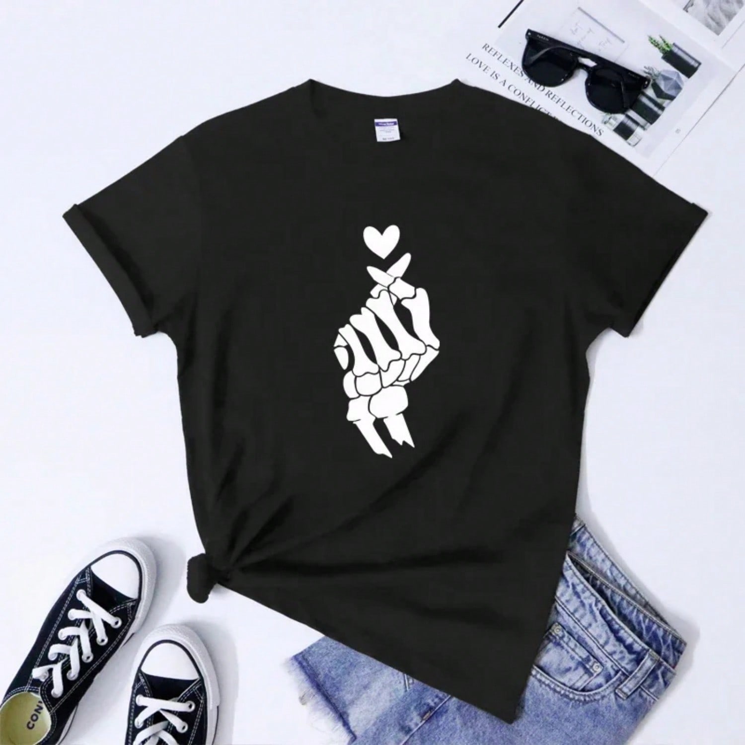 Skeleton Korean Heart Finger T-Shirt Gothic Kpop Love You Symbol Tee Shirt Funny Wounisex Valentine Oppa Tshirt S разноцветный