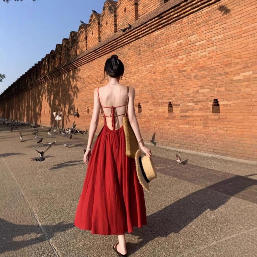 Women's Sexy Backless Red Slip Dress - Perfect for Beach Vacations and Photos
