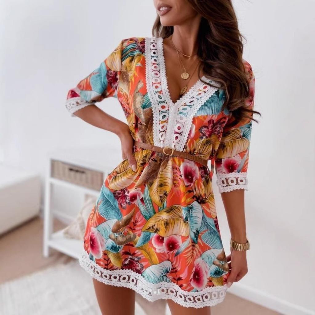 2026 Nuova Tendenza Moda Donna Abito Stampato Scollo a V con Cintura in Pizzo