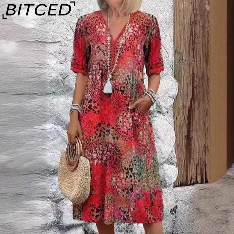 BITCED Printed Summer V-Neck Casual Resort Pocket Dress Loungewear