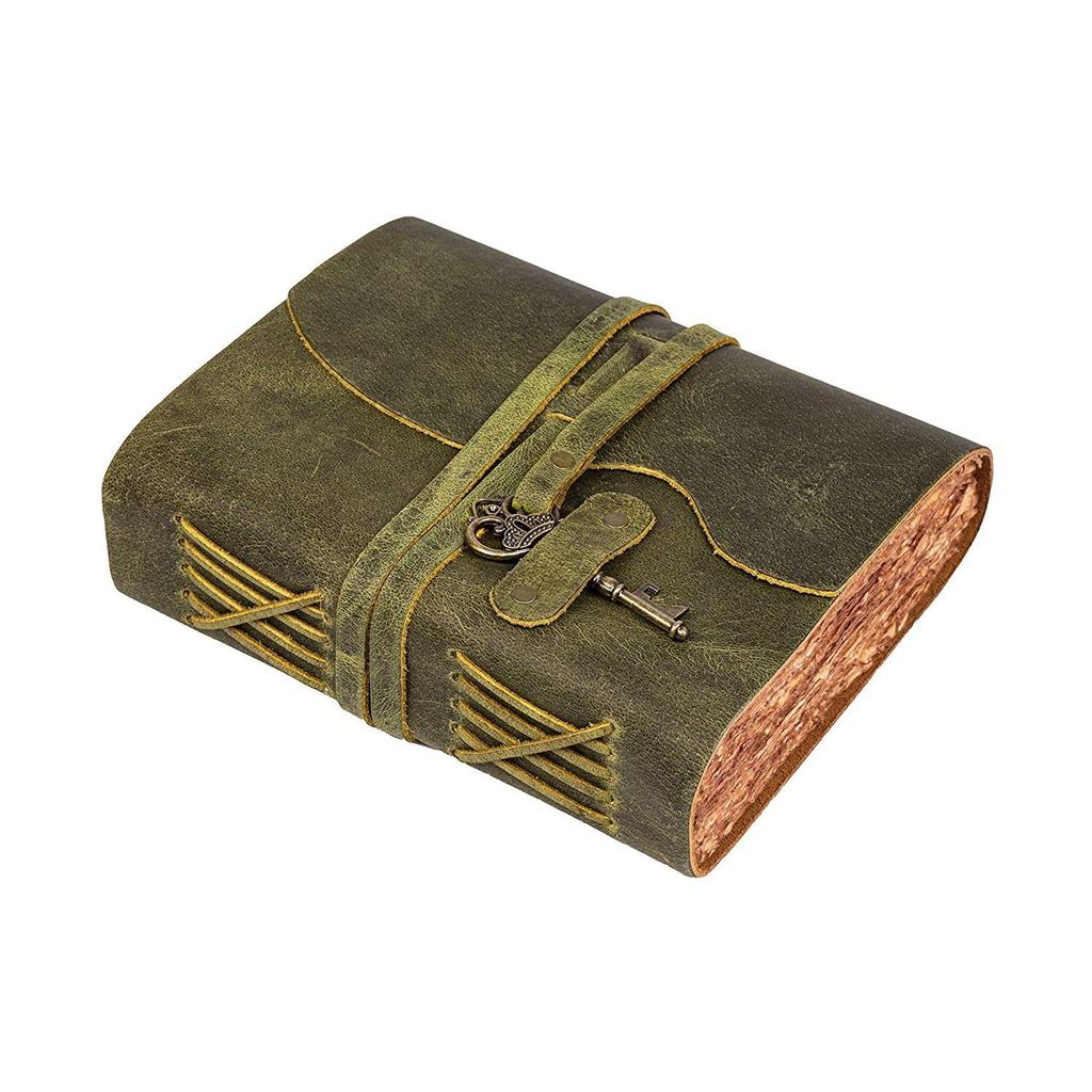 Handmade Vintage Leather Diary -Vintage Handmade Pages - Antique Key Closure - Green Color. Size 6x4 Inches