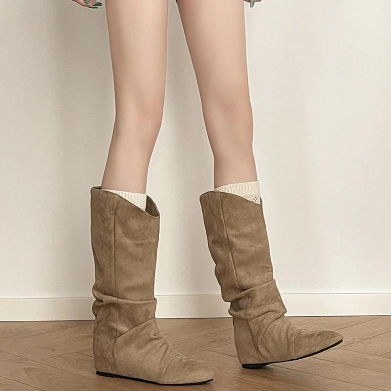 Autumn Winter Pleated Women Western Cowboy Boots Internal Elevation Slip On Mid Calf Booties Zapatos De Mujer