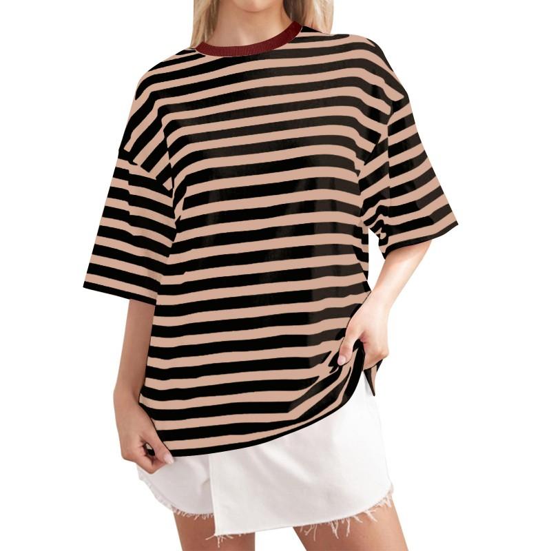Casual Striped Round Neck Short Sleeve T-Shirt Women Men Comfortable Milk Silk Blend Loose Fit Home Wear