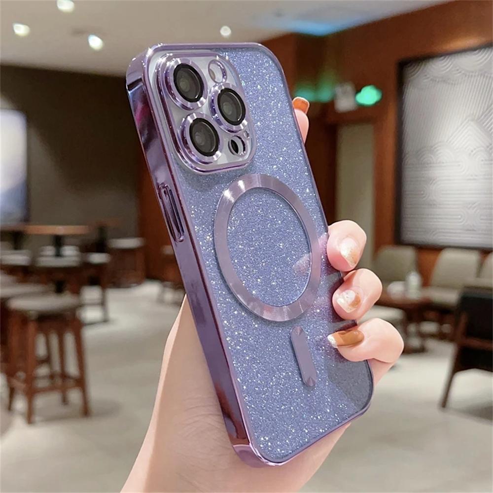 Luxury Electroplate Magsafe Wireless Charge Case for iPhone 15/14/13/12/11 Pro Max Plus – Soft Bumper Glitter Cover