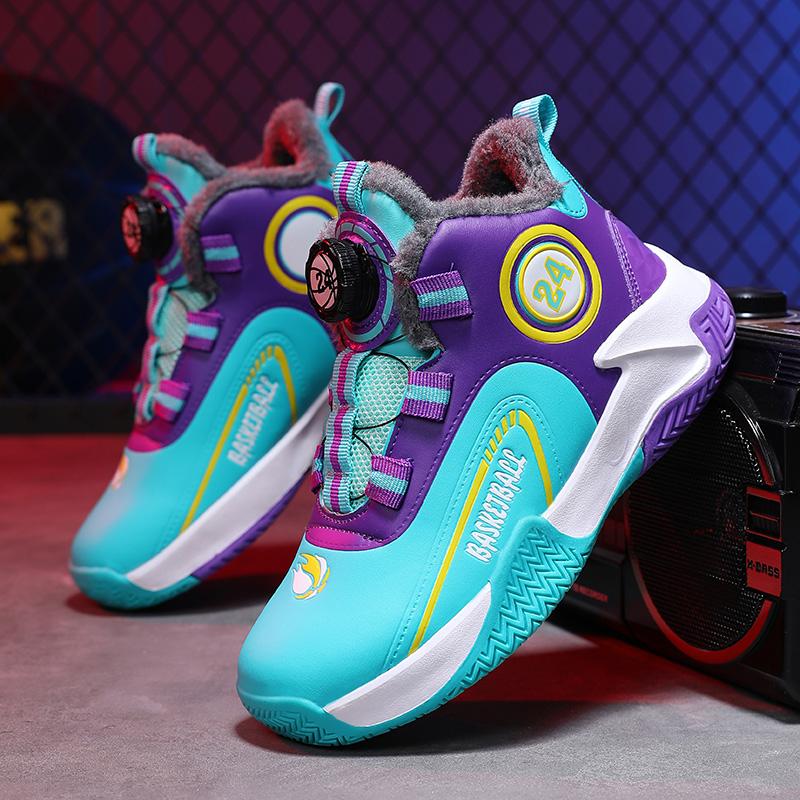 Autumn/Winter Warm Boys' Leather Rotating Buckle Basketball Shoes with Velvet, Children's Sports Professional Basketball Shoes